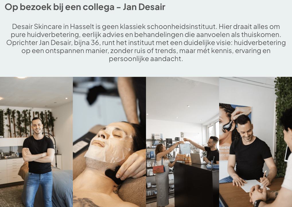 Desair Skincare uitgelicht in vakblad Hebe van beroepsfederatie Besko, artikel Op bezoek bij een collega met Jan Desair